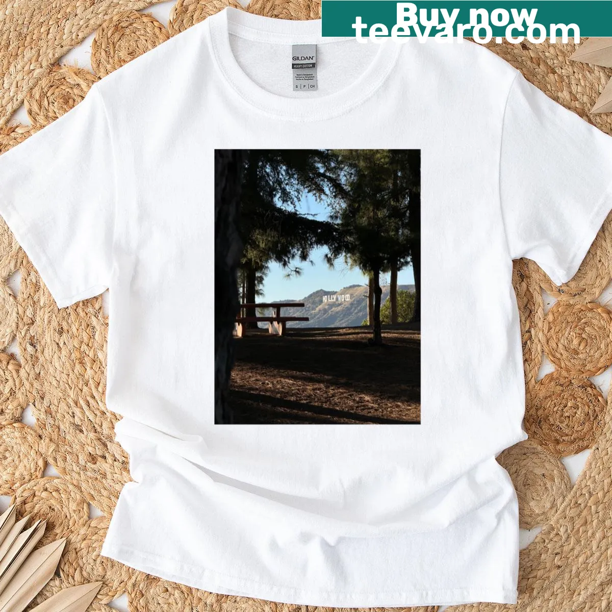 T-shirt featuring the Hollywood Sign through trees from Griffith Park — on a men's t-shirt