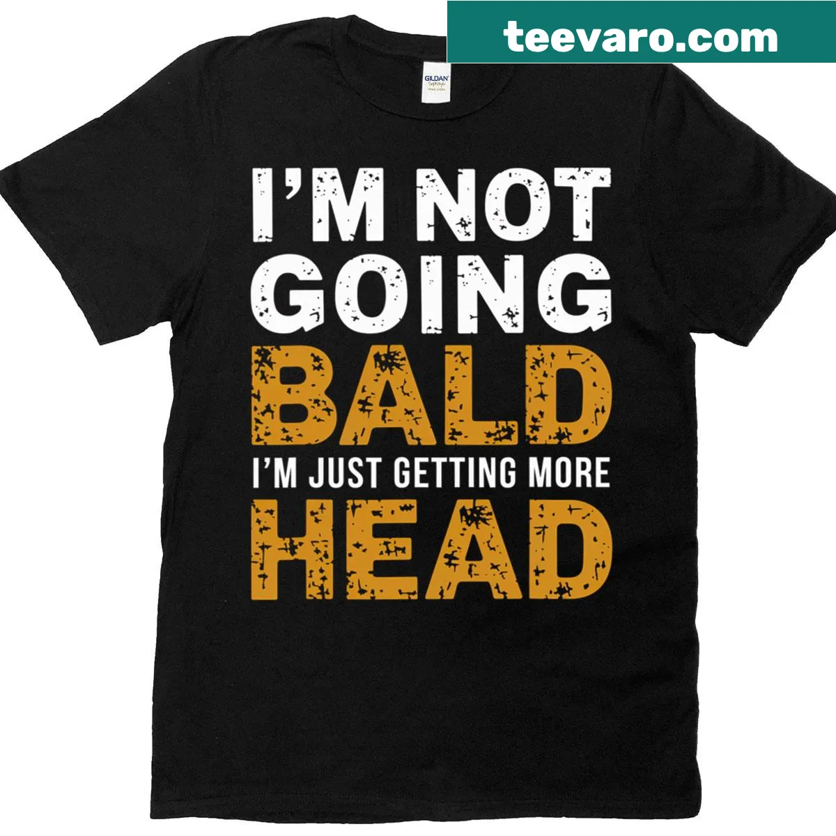 Humorous dad T-shirt about going bald with playful text. — on a men's t-shirt