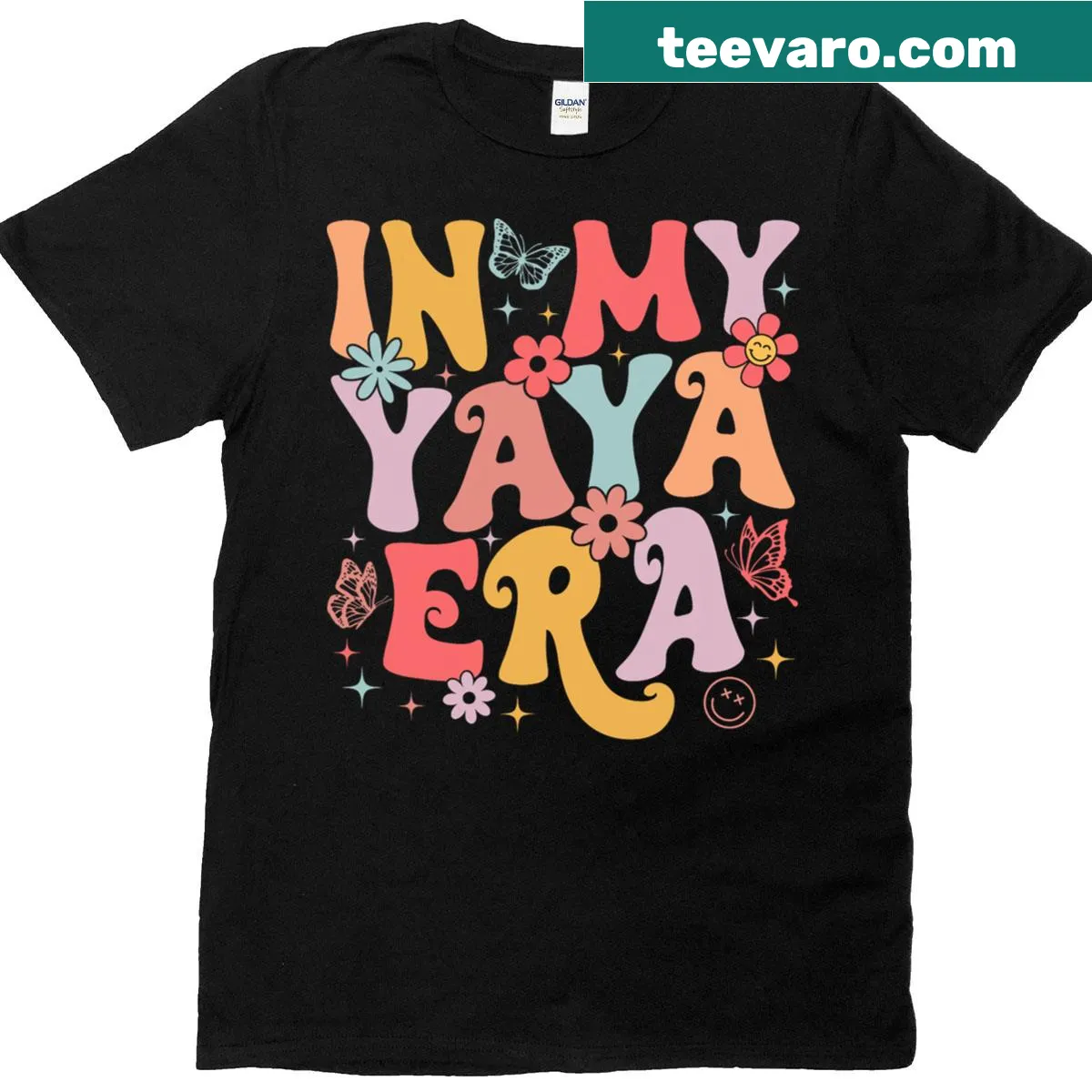 Retro butterfly graphic on a T-shirt celebrating 'In My Yaya Era' — on a men's t-shirt