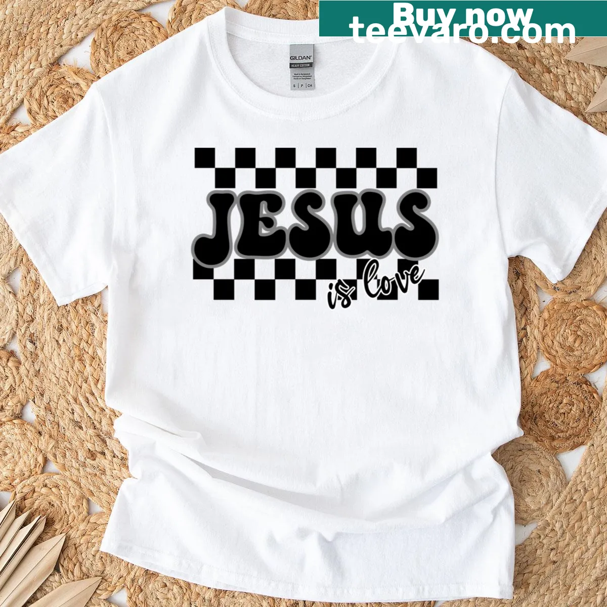 Retro T-shirt featuring the phrase Jesus Is Love with a checkered design — on a men's t-shirt