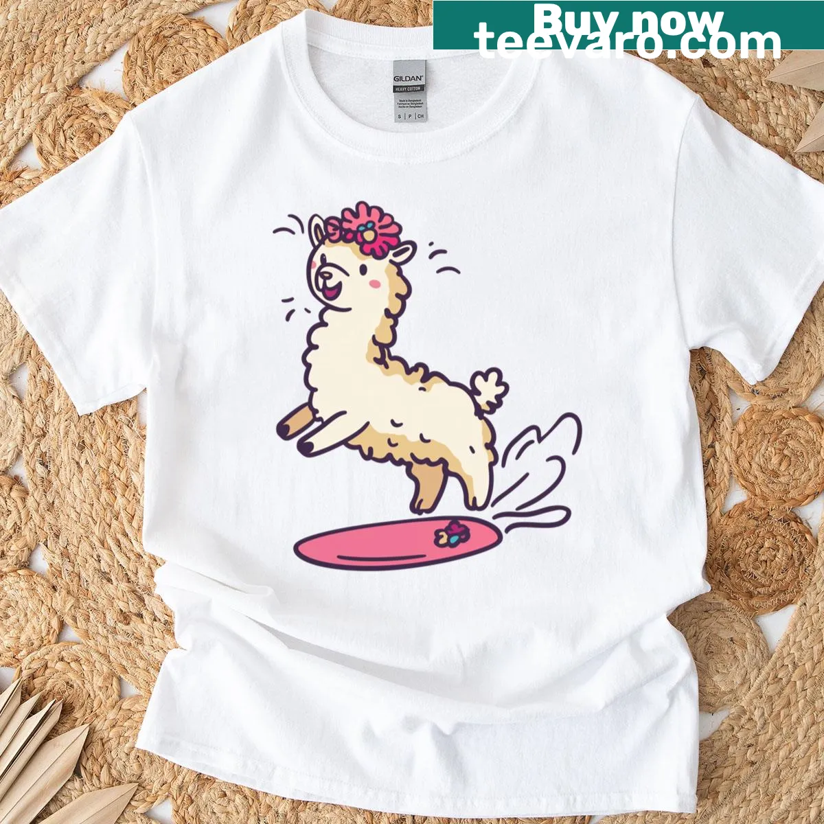 Cute T-shirt with a kawaii surfing llama illustration — on a men's t-shirt