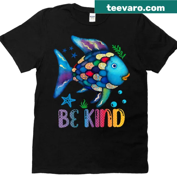 T-shirt with a rainbow scale fish reading a book, promoting kindness