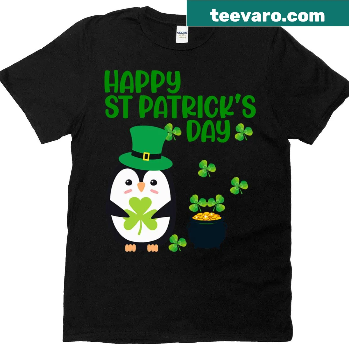 Cute leprechaun penguin with pot of gold and shamrocks design — on a men's t-shirt