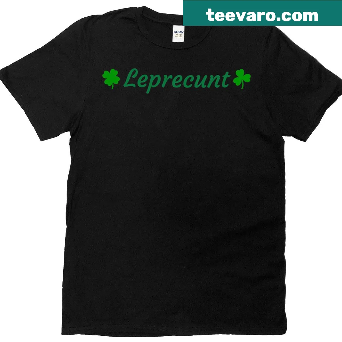 Humorous Leprecunt St. Patrick's Day T-shirt with shamrock design — on a men's t-shirt