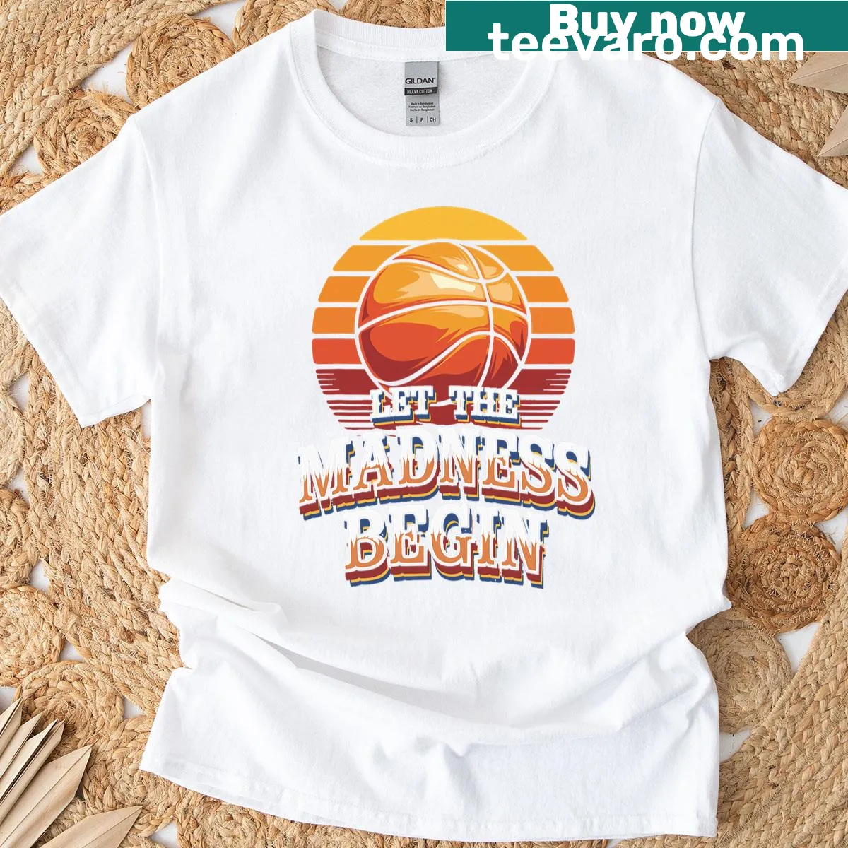 Basketball T-shirt with 'Let The Madness Begin' text — on a men's t-shirt