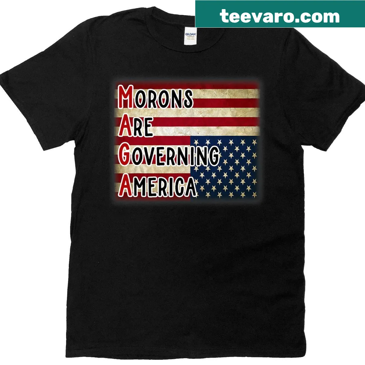 Maga Morons Are Governing America t-shirt with bold text — on a men's t-shirt