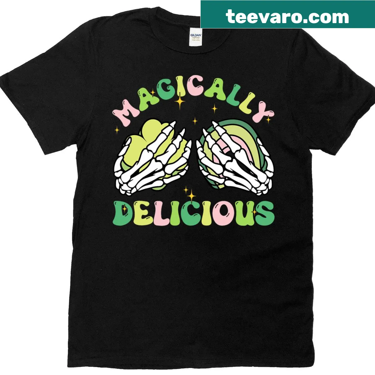Skeleton hands holding lucky charms design for St. Patrick's Day T-shirt — on a men's t-shirt