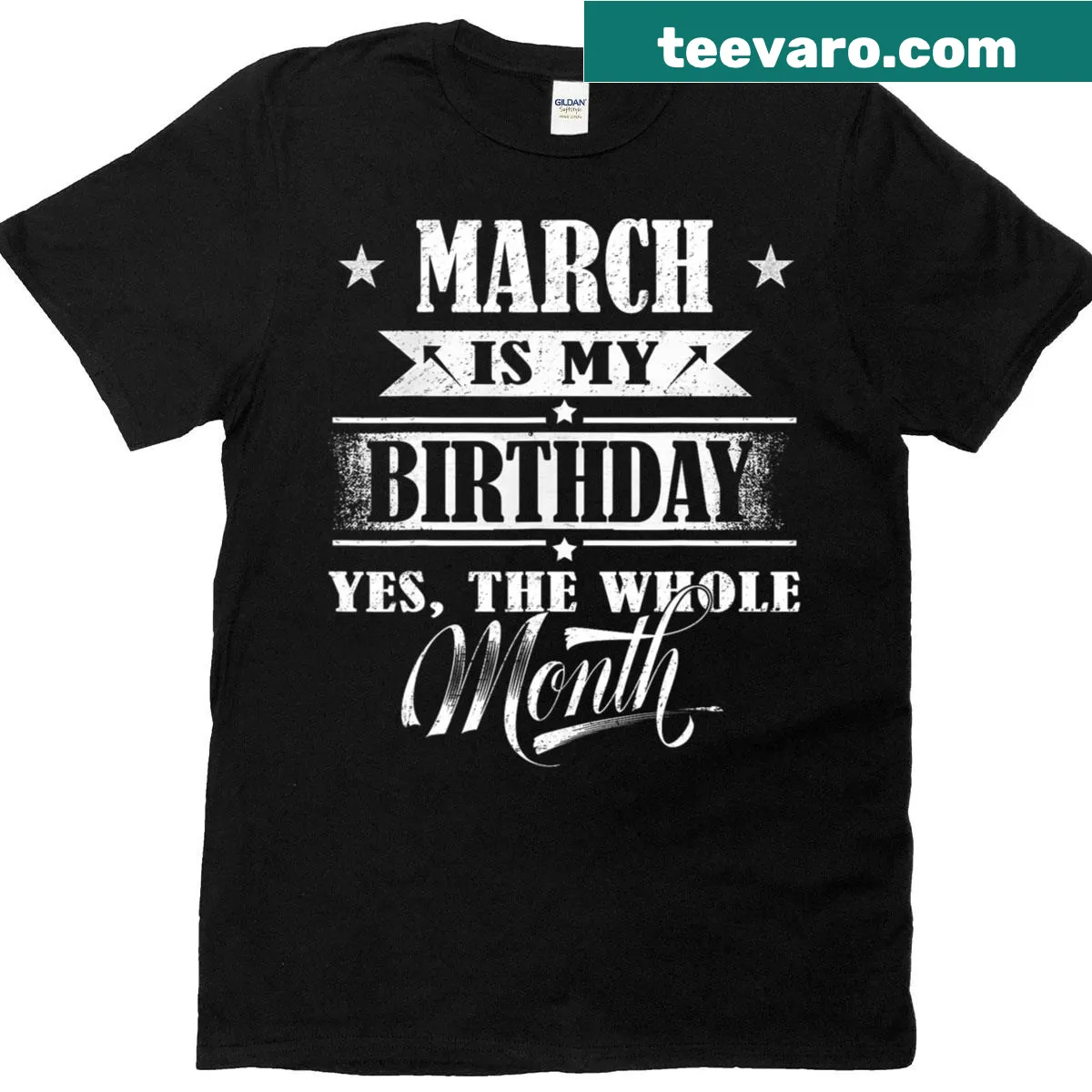 Birthday T-shirt celebrating March as birthday month — on a men's t-shirt