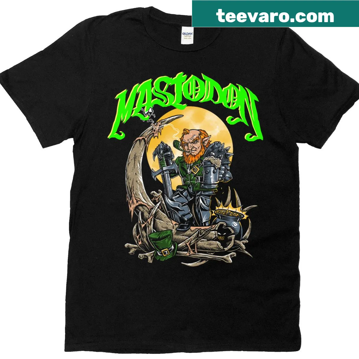 Graphic tee featuring a leprechaun on a mastodon for fantasy lovers — on a men's t-shirt