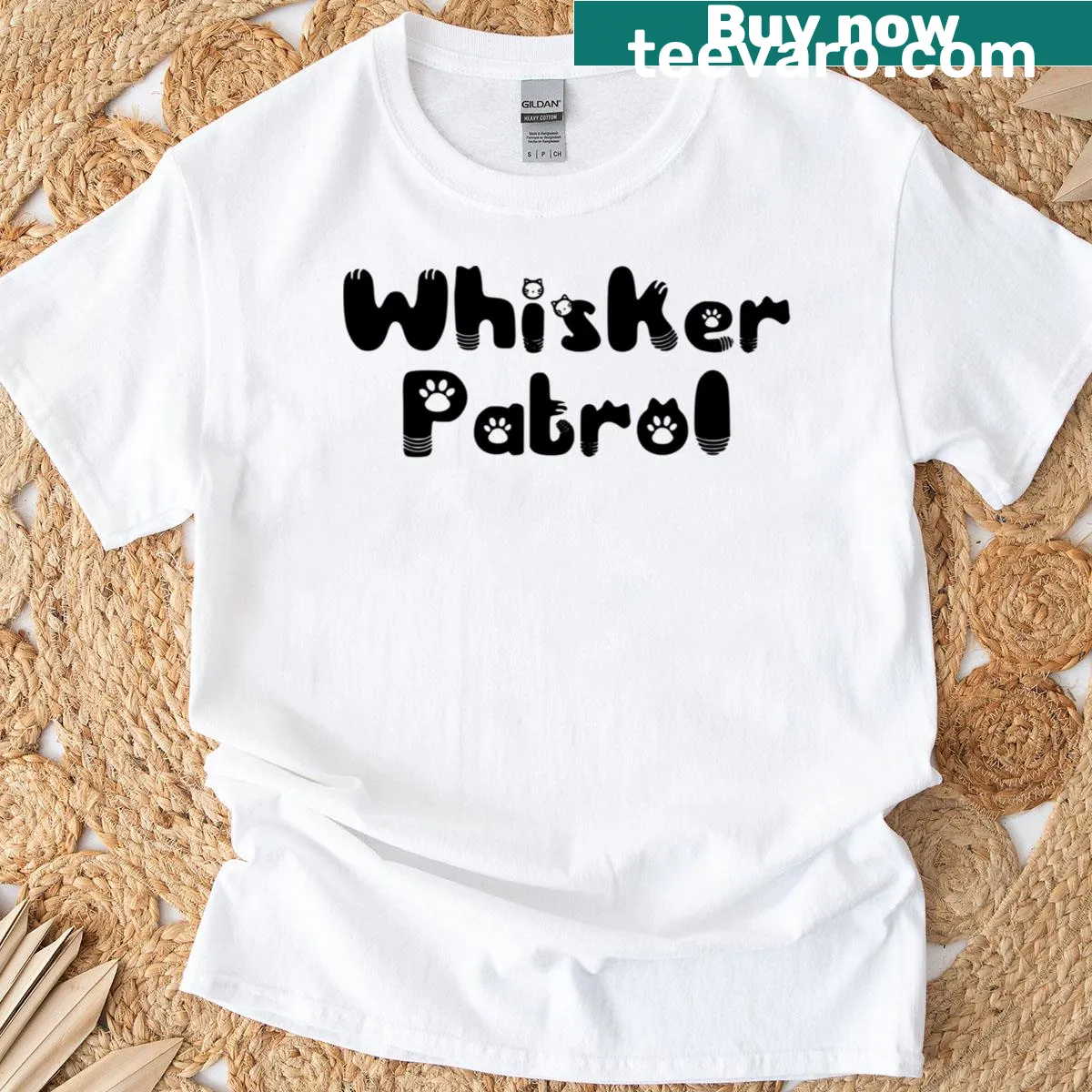 Minimalist t-shirt with 'Whisker Patrol' text for cat lovers — on a men's t-shirt