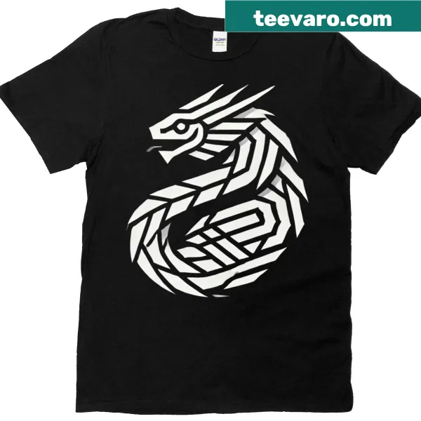 Minimalist t-shirt featuring a geometric basilisk design in white on black