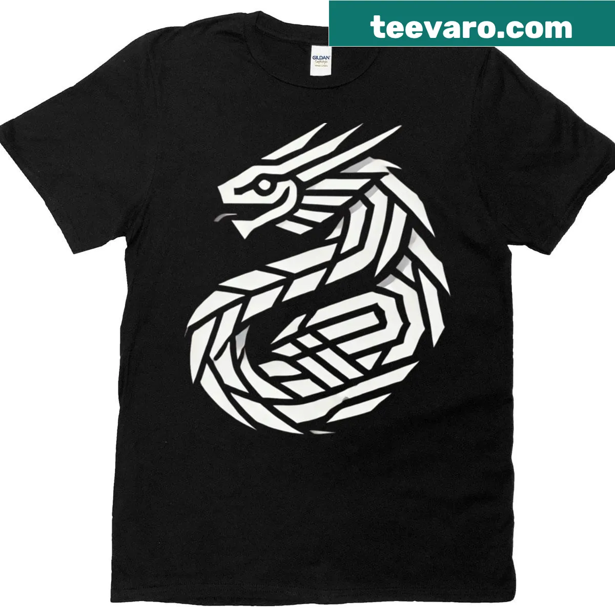Minimalist t-shirt featuring a geometric basilisk design in white on black — on a men's t-shirt