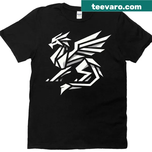 Minimalist geometric Wyvern design in white on a black T-shirt