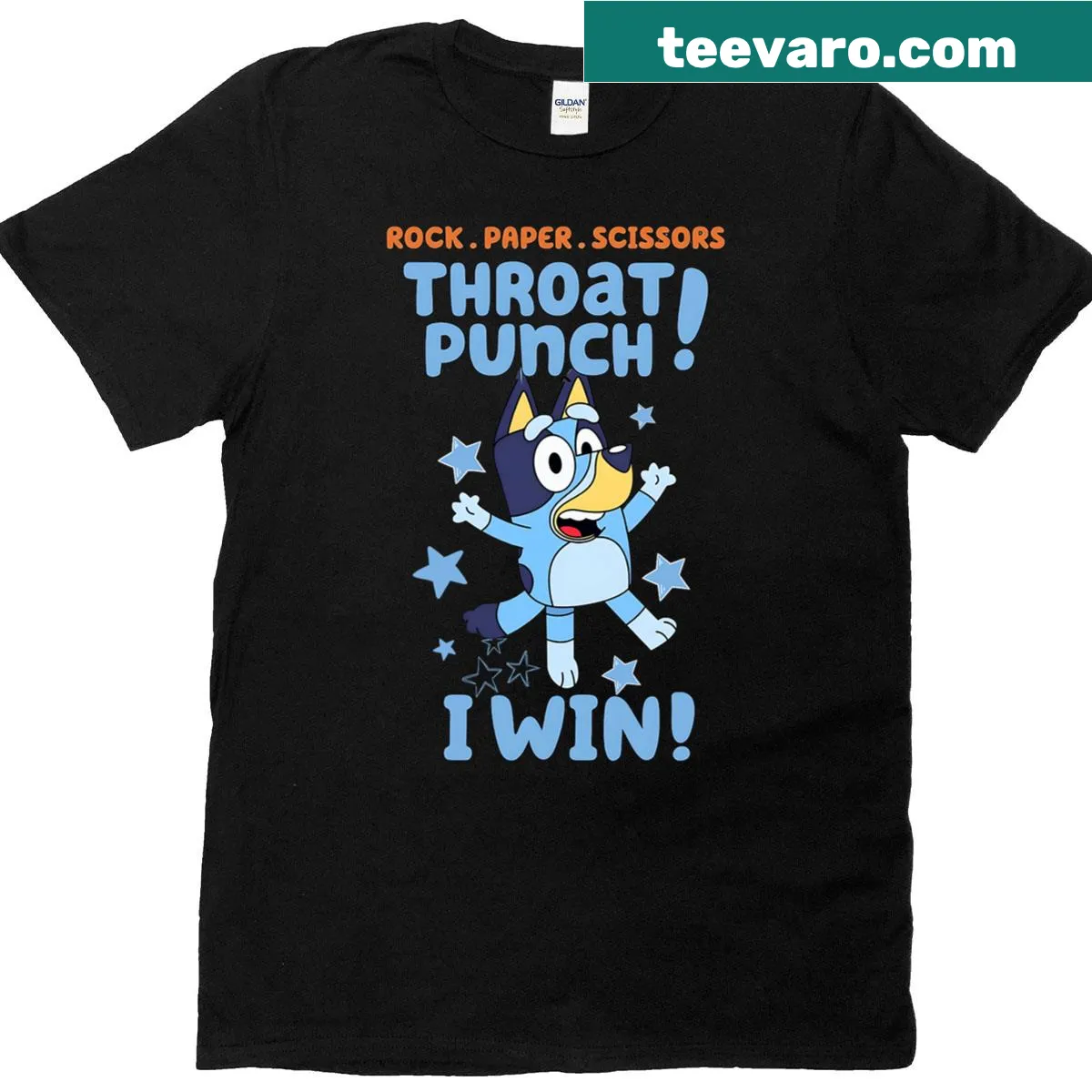 Funny T-shirt with blue tan heeler in rock-paper-scissors design — on a men's t-shirt