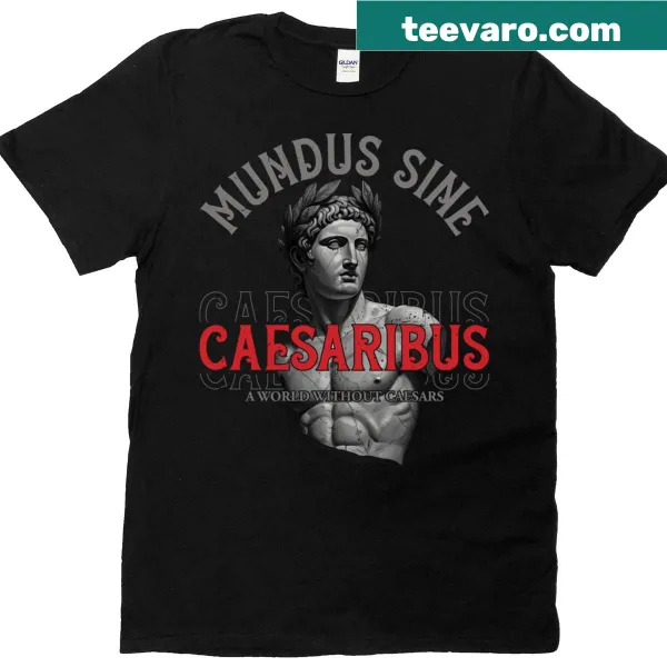 Text design stating Mundus Sine Caesaribus on a men's t-shirt