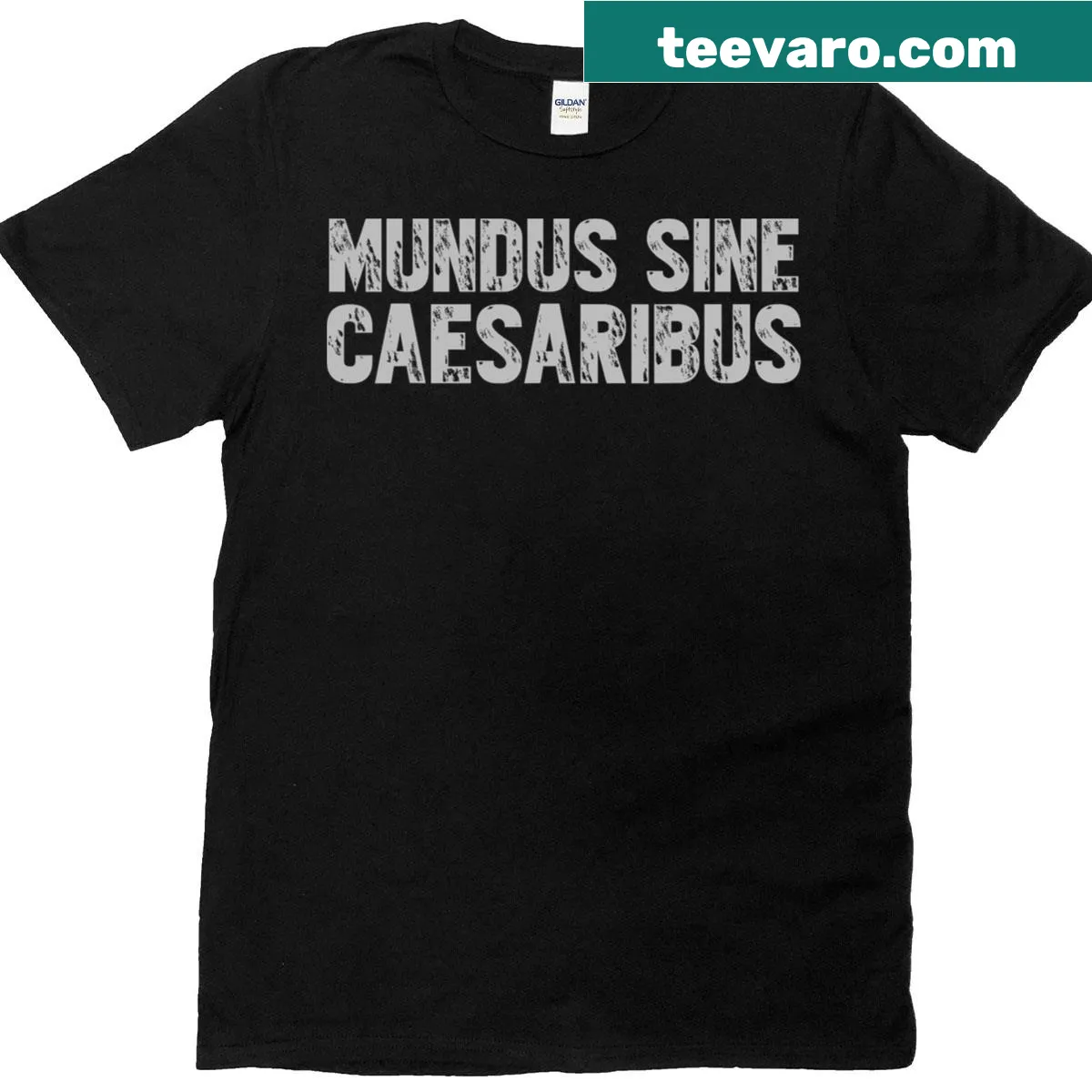 Vintage distressed T-shirt with Latin phrase 'Mundus Sine Caesaribus' — on a men's t-shirt