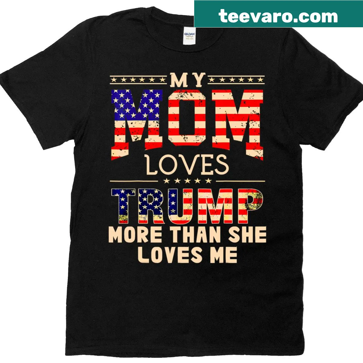Funny Mother's Day T-shirt with 'My Mom Loves Trump More Than Me' text — on a men's t-shirt