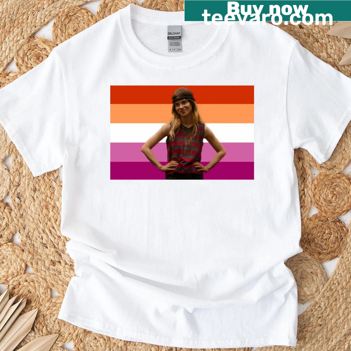 Lesbian flag design T-shirt representing LGBTQ+ pride — on a men's t-shirt