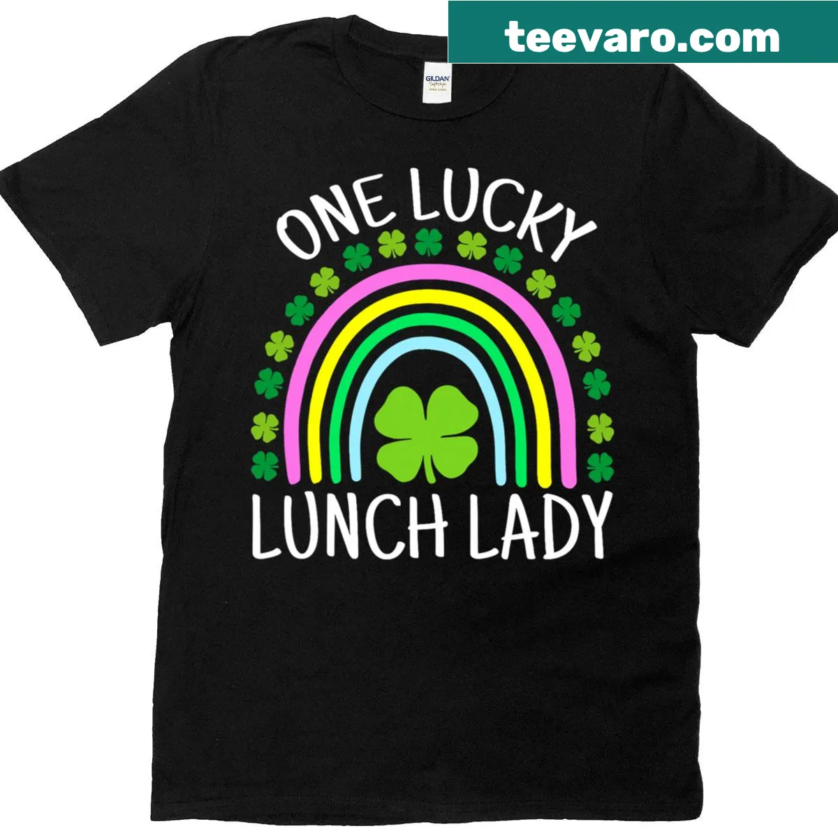 T-shirt with the phrase 'One Lucky Lunch Lady' and rainbow shamrock design — on a men's t-shirt