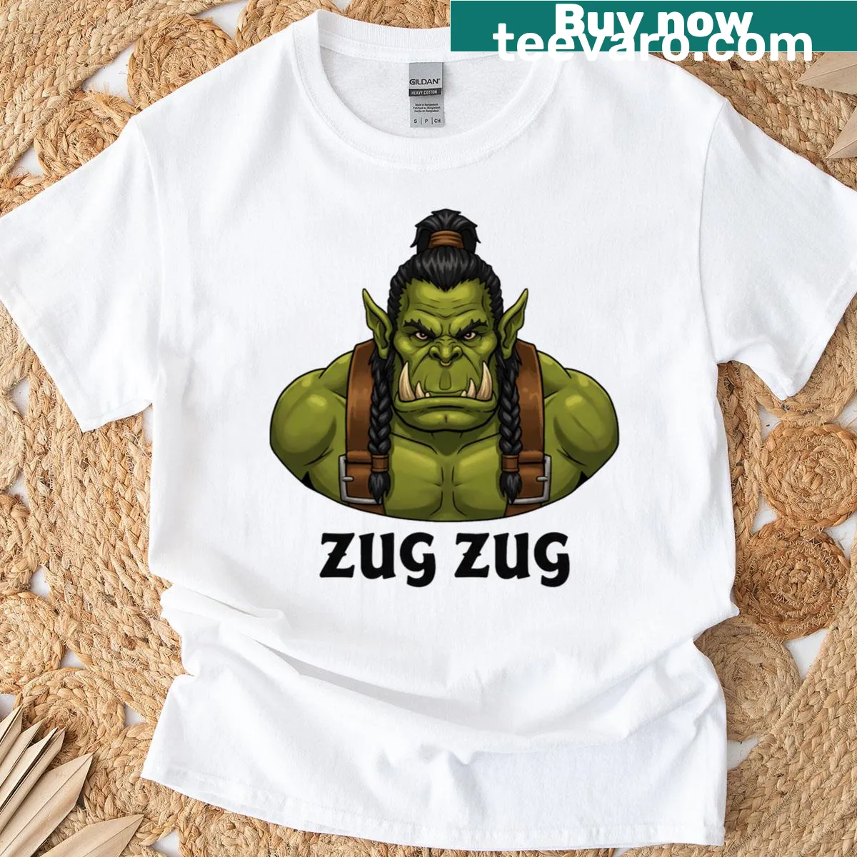 Cartoon orc exclaiming 'Zug Zug' in playful illustration on t-shirt — on a men's t-shirt