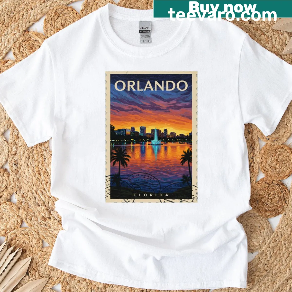 Illustrated T-shirt design resembling a vintage Orlando postage stamp — on a men's t-shirt