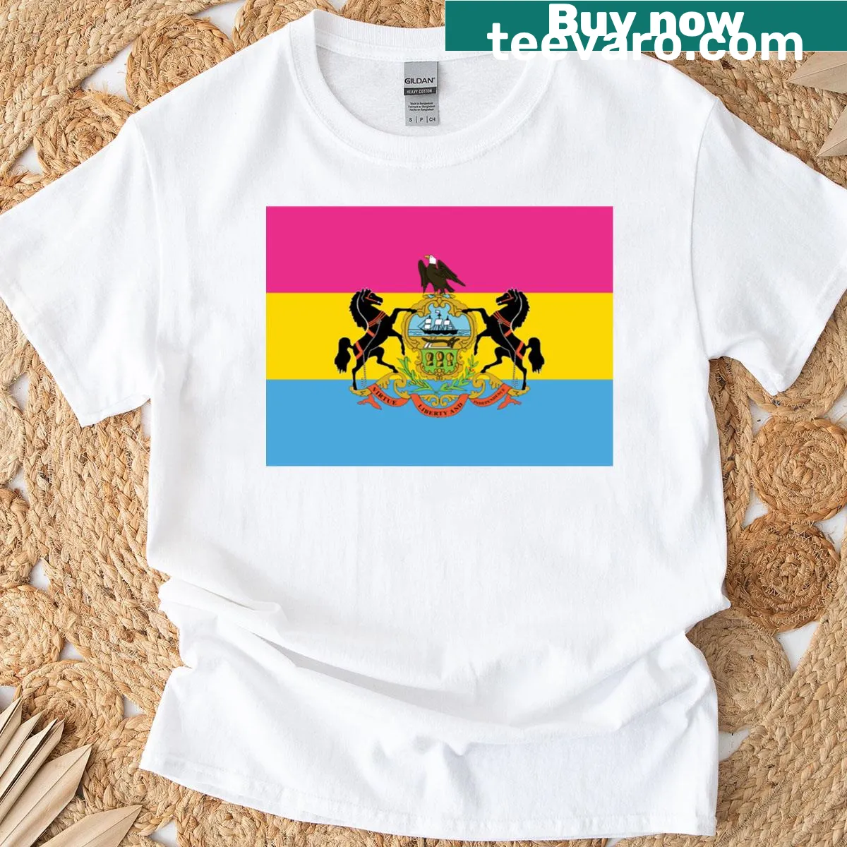Pansexual pride flag design T-shirt featuring Pennsylvania elements for LGBTQ+ advocates. — on a men's t-shirt