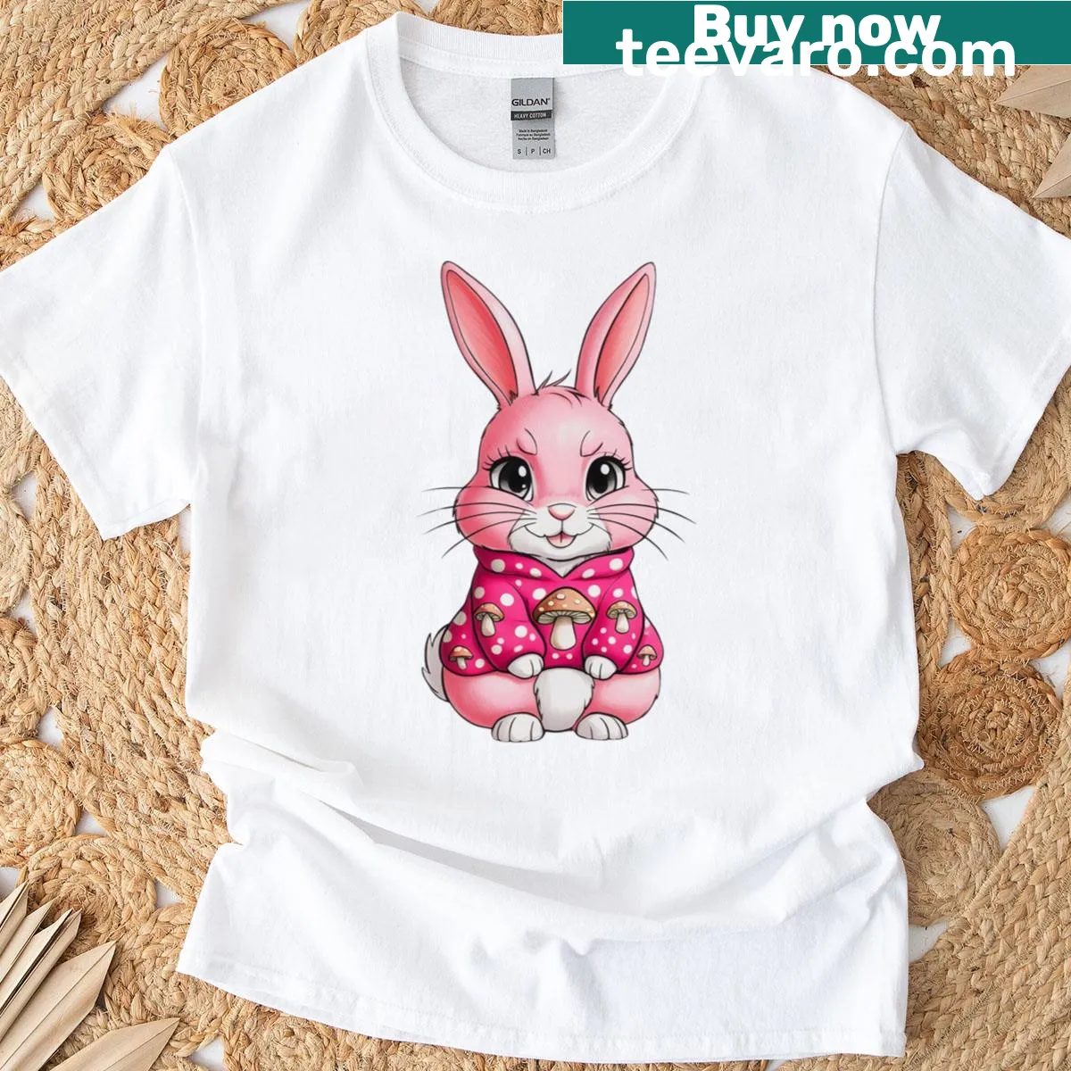 Cute T-shirt featuring a graphic of a pink bunny. — on a men's t-shirt