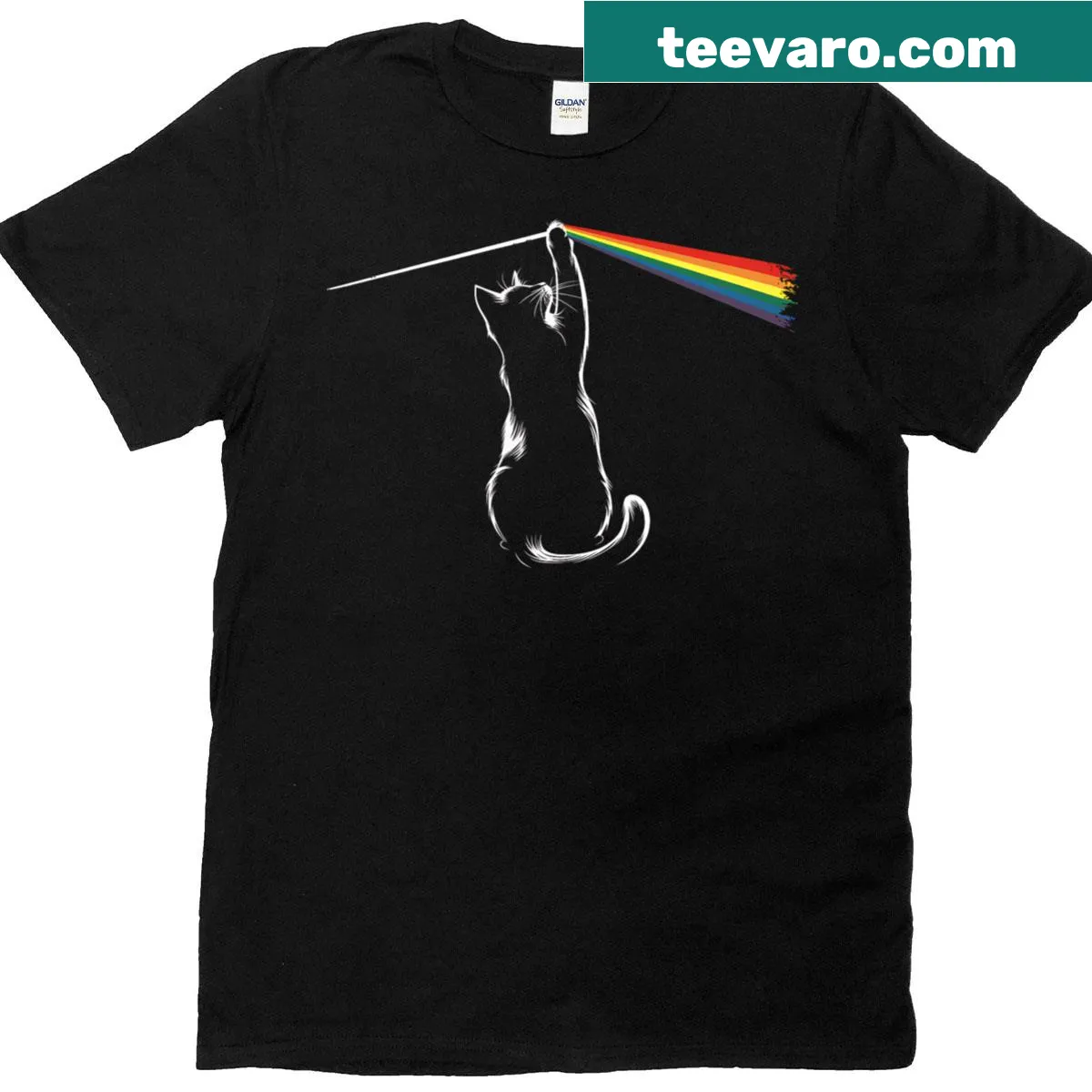 Funny T-shirt featuring a cat playing with light beams — on a men's t-shirt