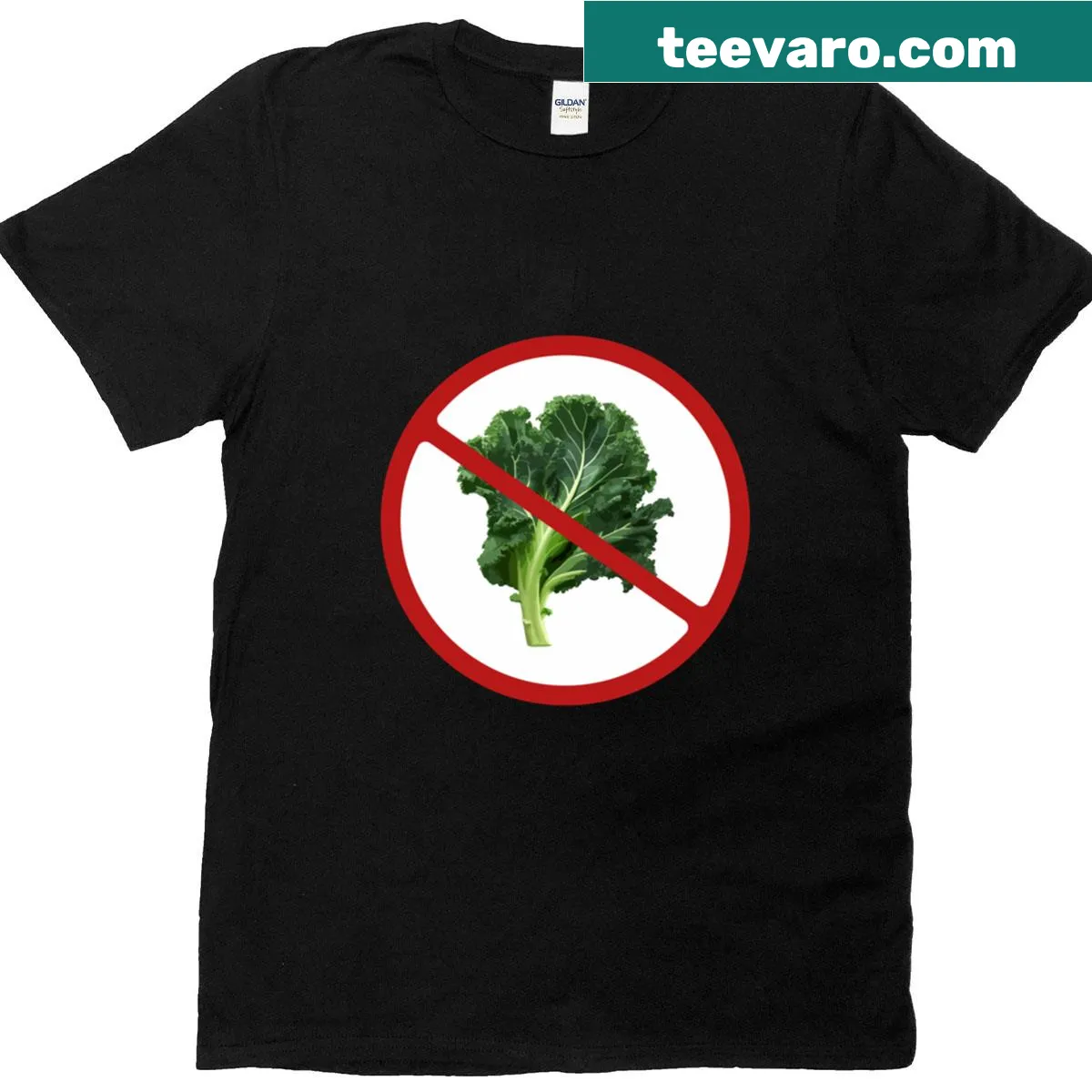 T-shirt featuring edgy signage graphic against kale — on a men's t-shirt