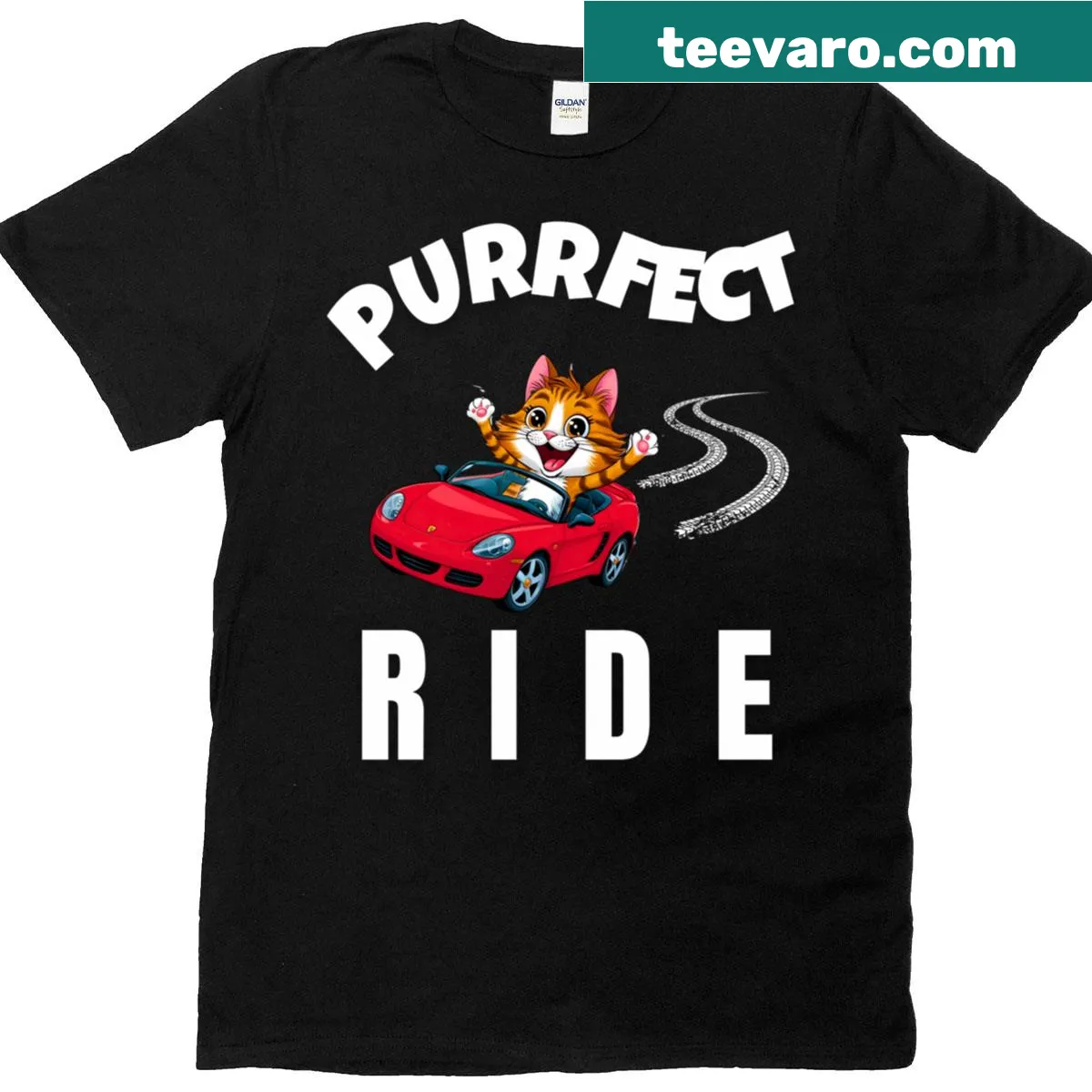 Cartoon cat driving a sports car on a fun T-shirt — on a men's t-shirt