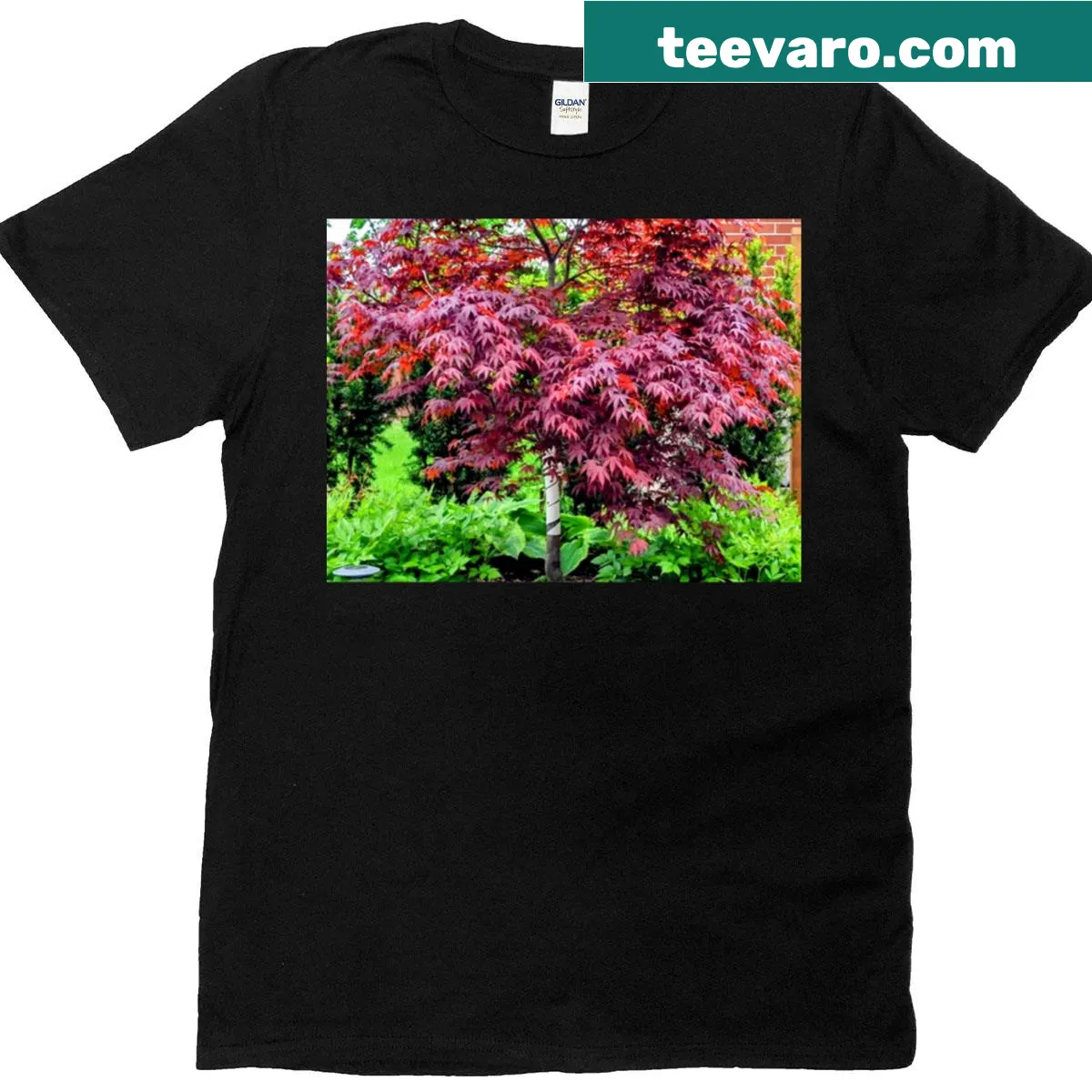 Japanese Red Maple tree illustration with flowers on a T-shirt — on a men's t-shirt