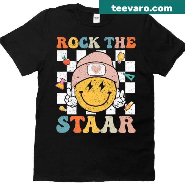 Groovy teacher T-shirt with smiley face graphic for testing
