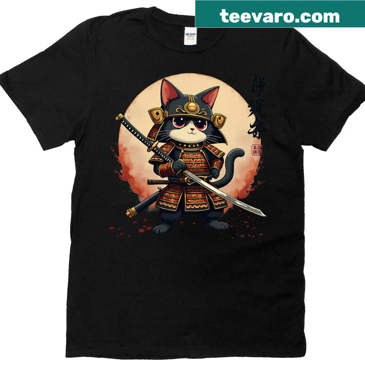 Samurai Cat graphic T-shirt featuring a warrior cat in samurai armor. — on a men's t-shirt