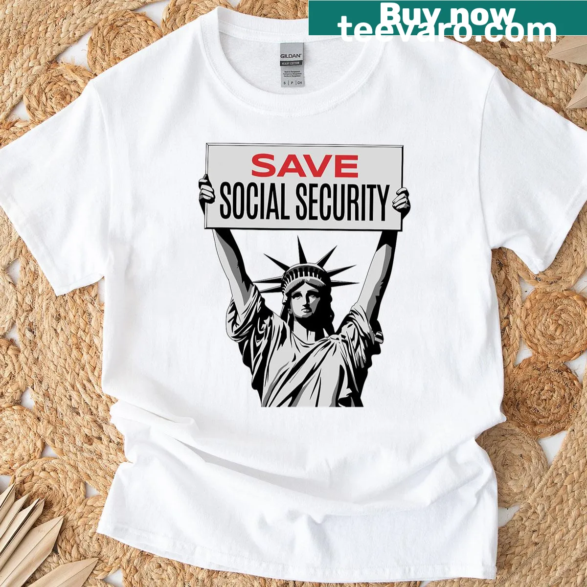 Illustrated T-shirt featuring Statue of Liberty and Save Social Security message — on a men's t-shirt