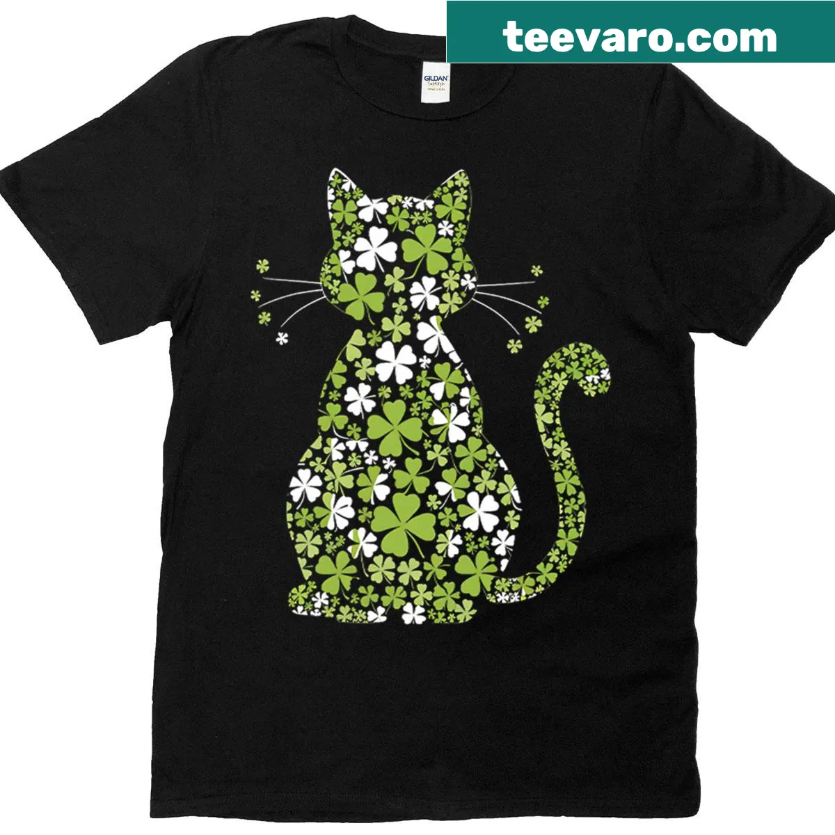 St. Patrick's Day t-shirt featuring a cute cat with shamrocks — on a men's t-shirt