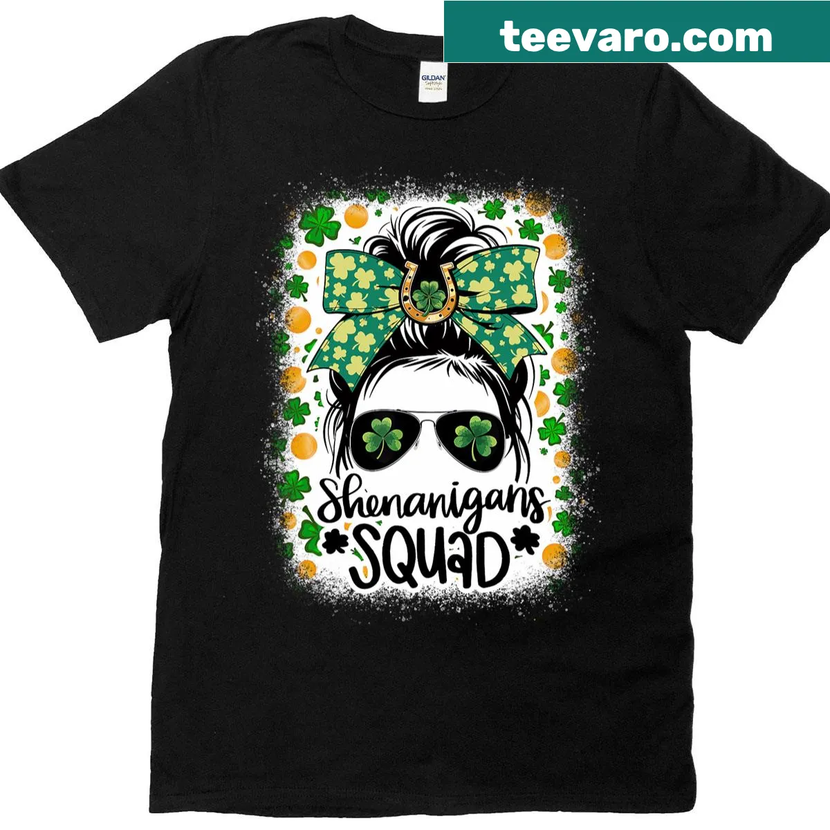 St. Patrick's Day t-shirt for girls with 'Shenanigans Squad' and messy bun graphic — on a men's t-shirt