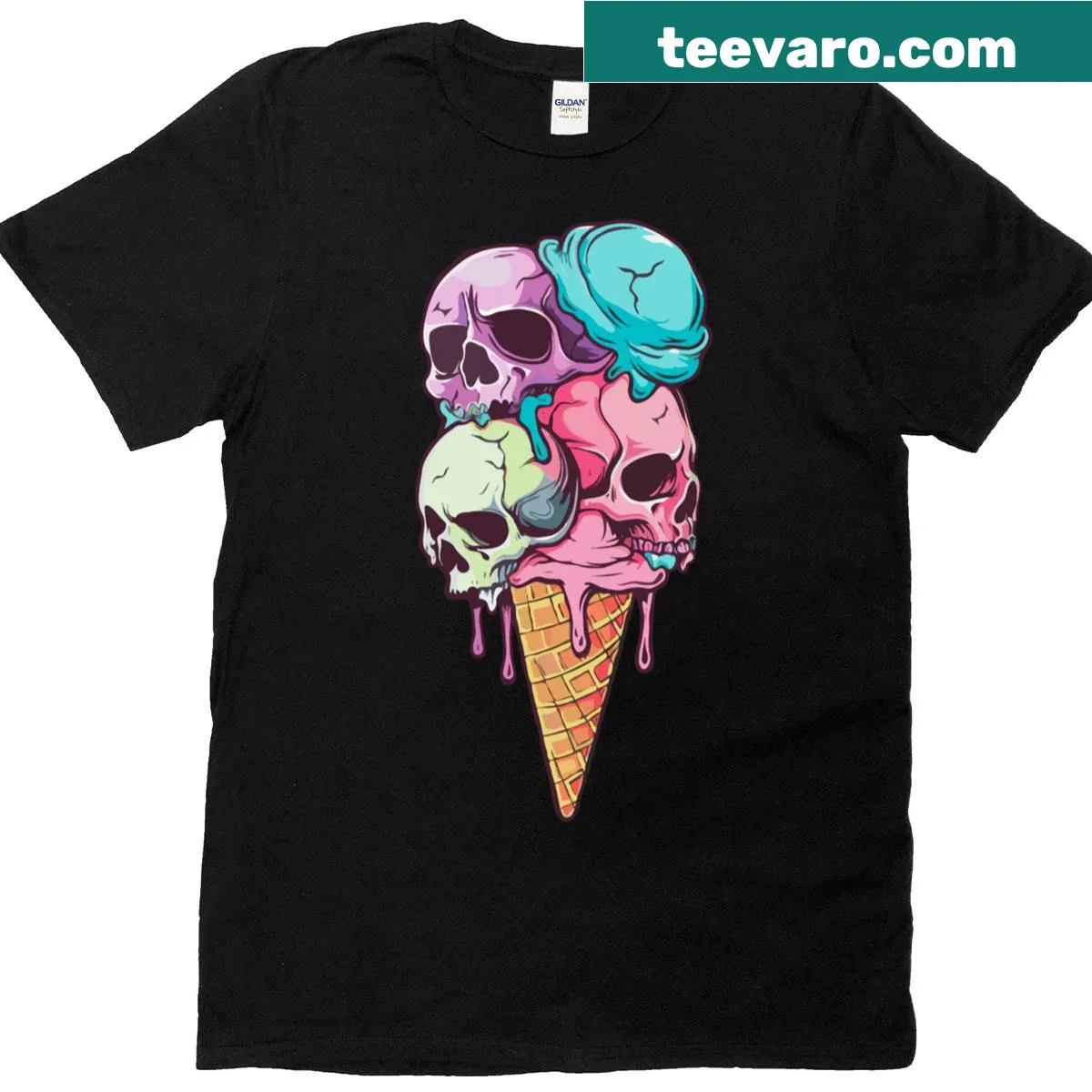 T-shirt featuring a skull with melting ice cream on top — on a men's t-shirt