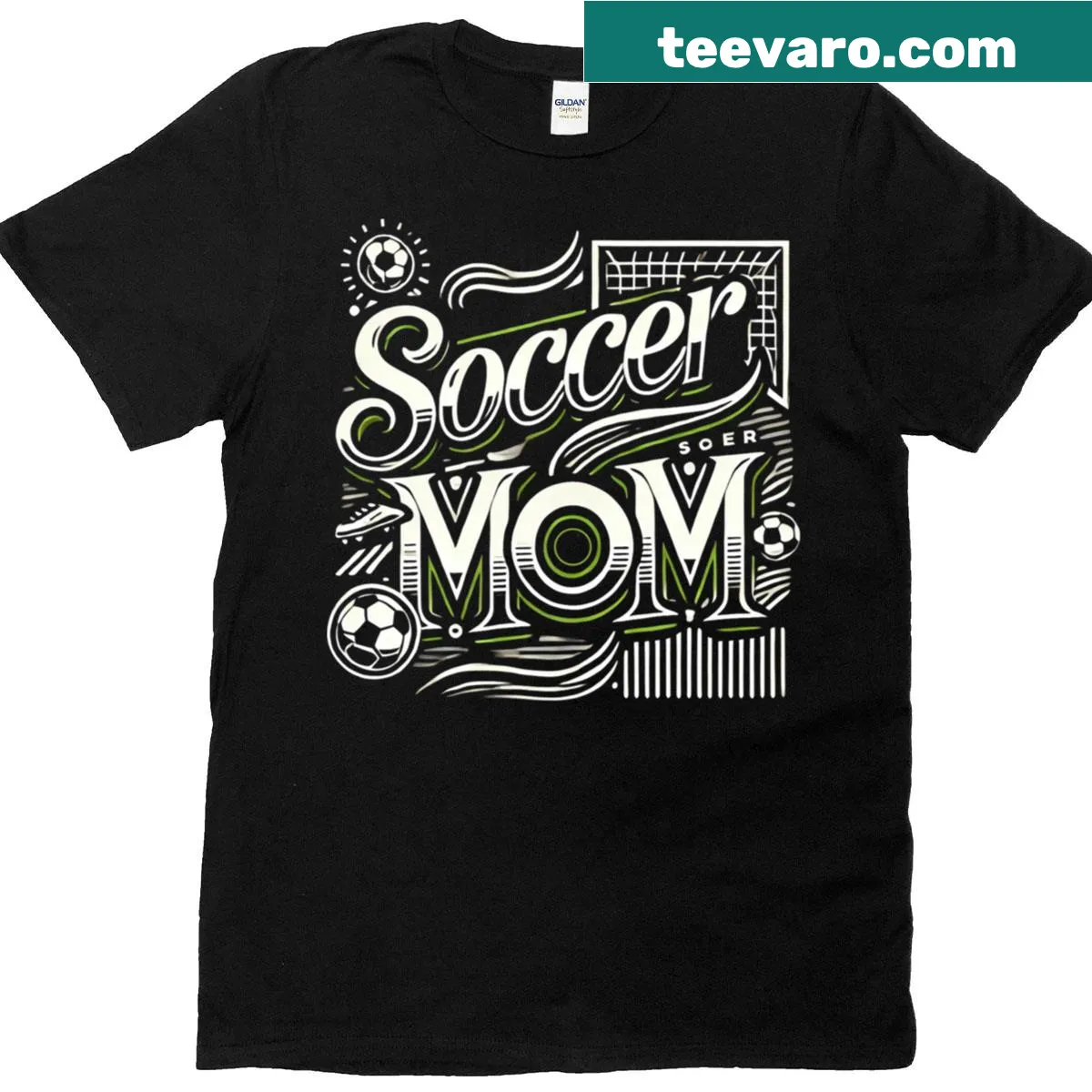 T-shirt declaring Soccer Mom with bold typography — on a men's t-shirt