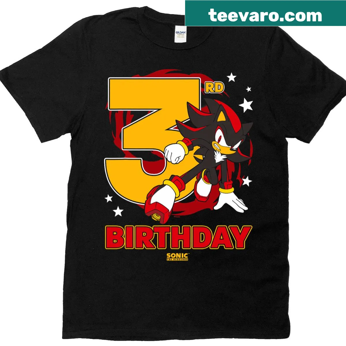 Sonic the Hedgehog logo and Shadow cartoon graphic T-shirt — on a men's t-shirt
