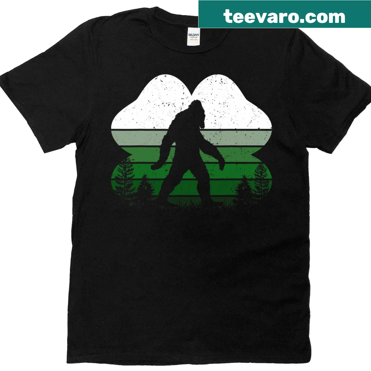 Men's T-shirt with Bigfoot and shamrock graphic for St. Patrick's Day — on a men's t-shirt