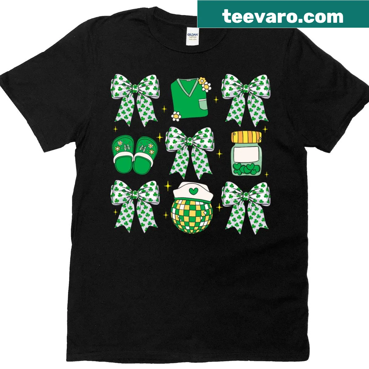 St. Patrick's Day T-shirt with nursing theme and bow design. — on a men's t-shirt