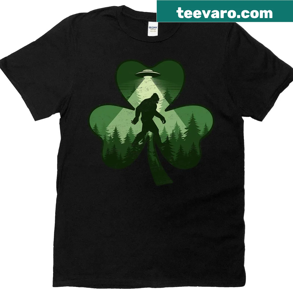 Funny Sasquatch Irish T-shirt with shamrocks for St Patrick's Day — on a men's t-shirt