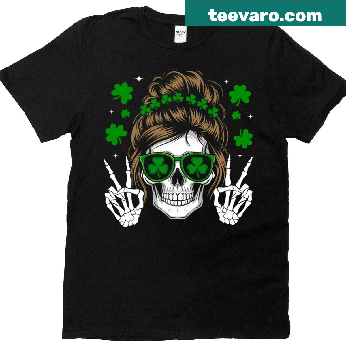 Skull with messy bun and shamrocks on St. Patrick's Day T-shirt. — on a men's t-shirt