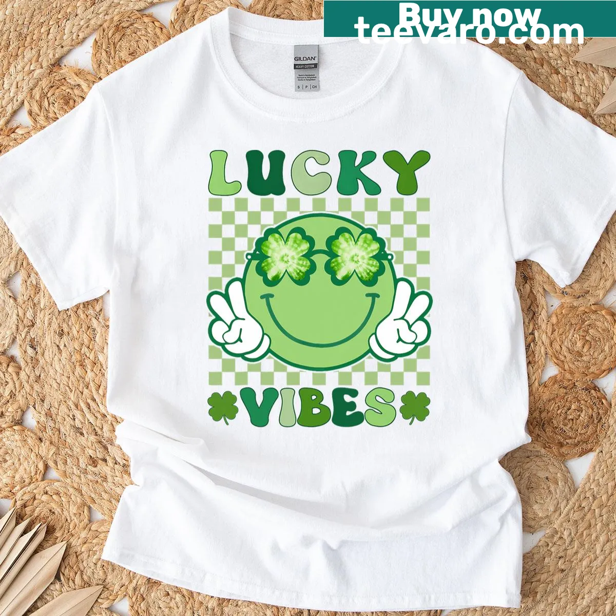 Groovy St. Patrick's Day T-shirt with 'Lucky Vibes' text — on a men's t-shirt