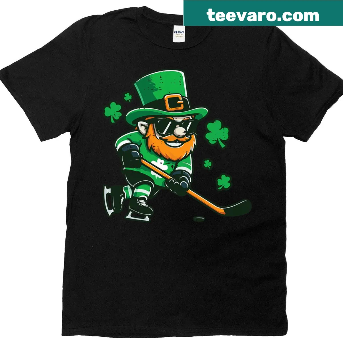 T-shirt featuring a leprechaun playing ice hockey for St. Patrick's Day — on a men's t-shirt