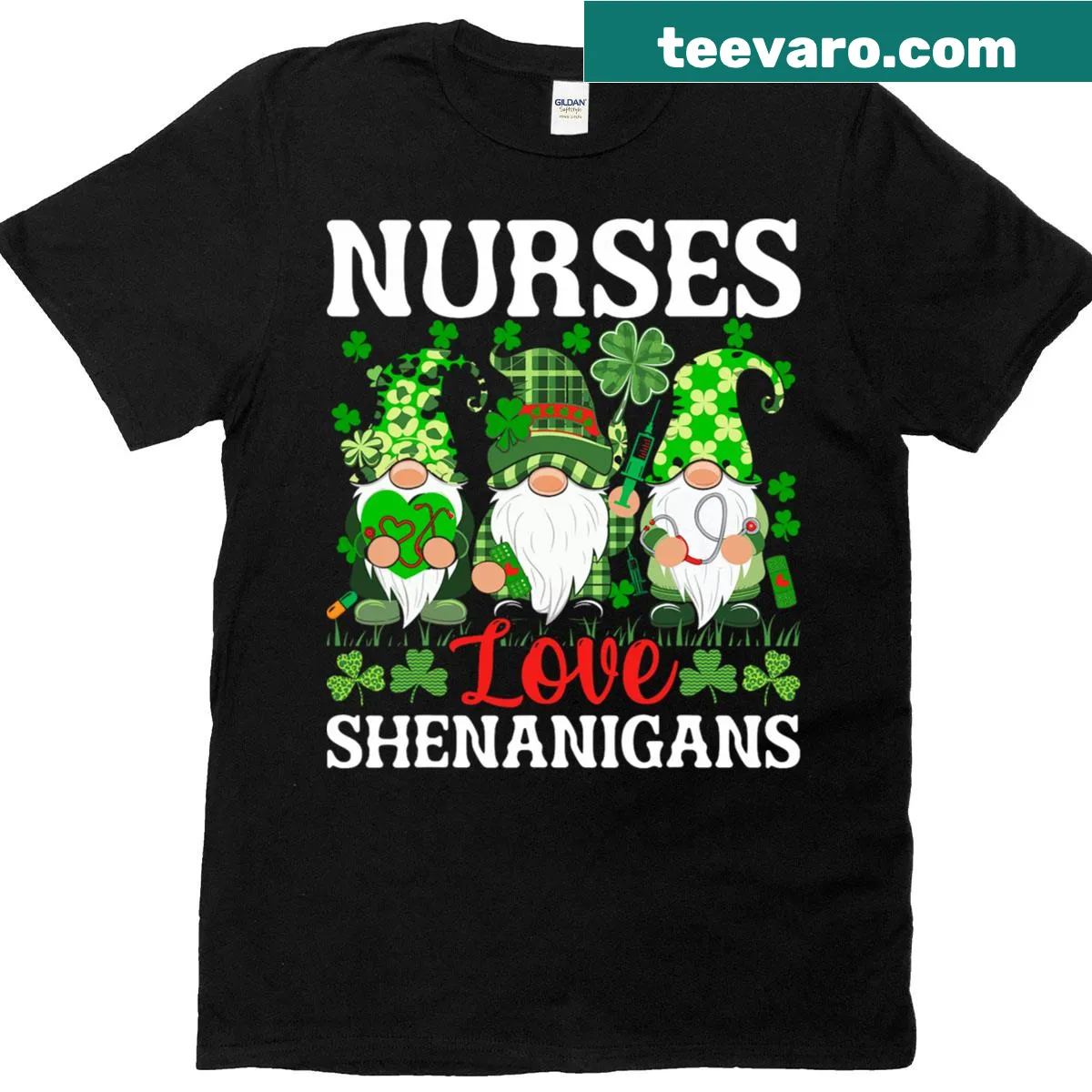 Nurse scrub top featuring playful gnomes and St. Patrick's Day theme — on a men's t-shirt