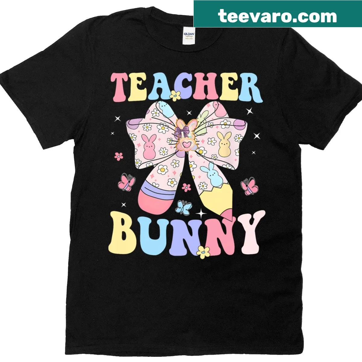 Cute Easter T-shirt with bunny holding a pencil — on a men's t-shirt