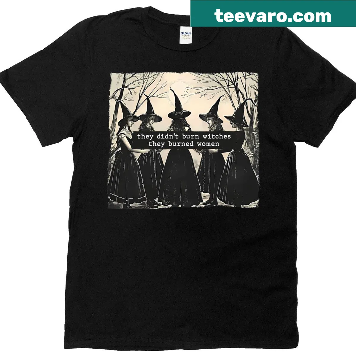 Funny feminist T-shirt with text about witches and empowerment. — on a men's t-shirt
