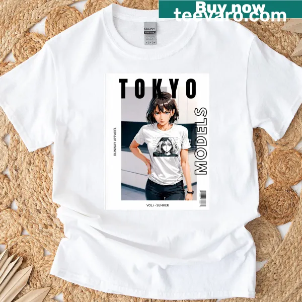 Stylish T-shirt featuring Tokyo-inspired fashion magazine art.