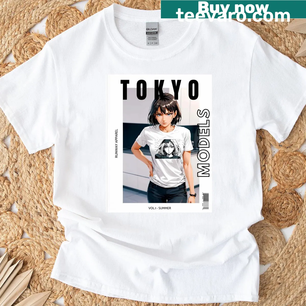 Stylish T-shirt featuring Tokyo-inspired fashion magazine art. — on a men's t-shirt